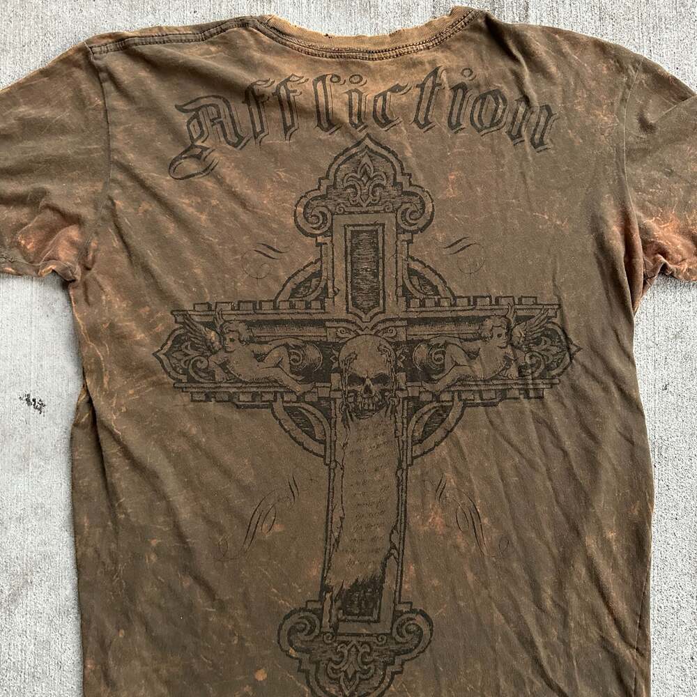 Affliction Men's Distressed Graphic T-Shirt with Skull and Cross Design